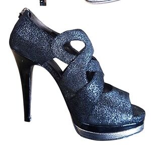 Isola Dallan Black Silver Suede Hair Peep Toe Platform Stiletto Heels Women 9